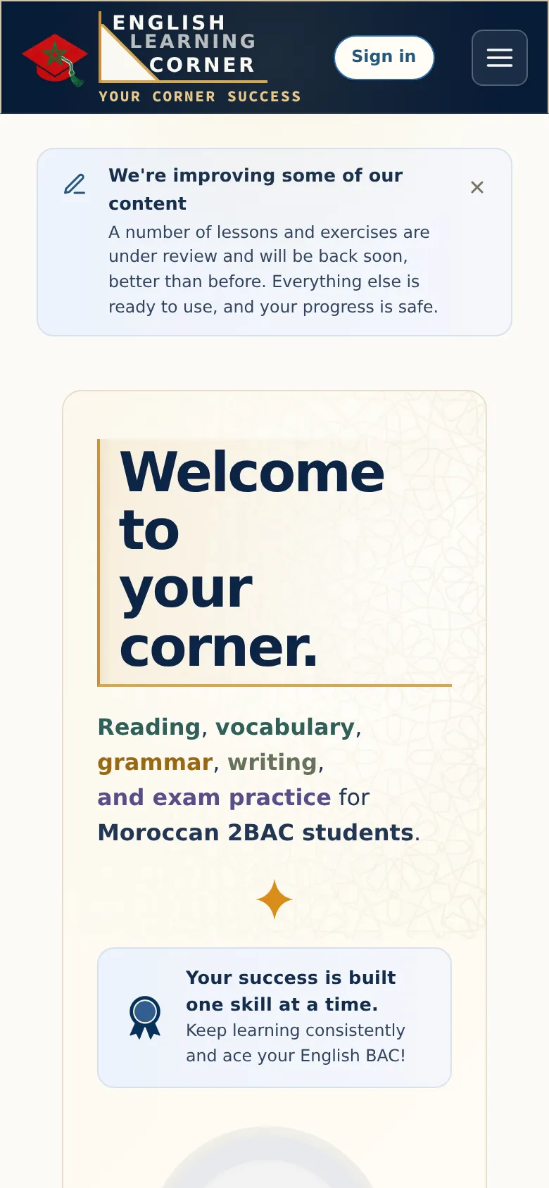 Screenshot of the live site, taken October 18, 2026, mobile phone view: El Corner