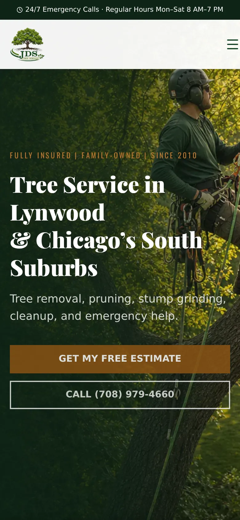 Screenshot of the live site, taken October 18, 2026, mobile phone view: JDS Tree Services