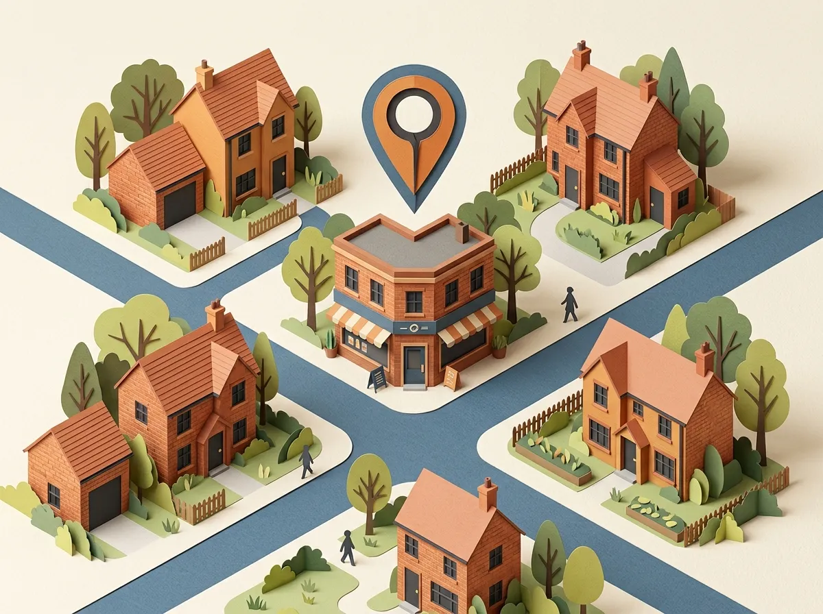 Tactile cut-paper illustration of a local neighborhood with homes, shops, and a central location pin