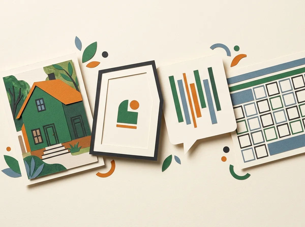 Tactile cut-paper illustration of finished work cards, photo frames, and a clean calendar sequence