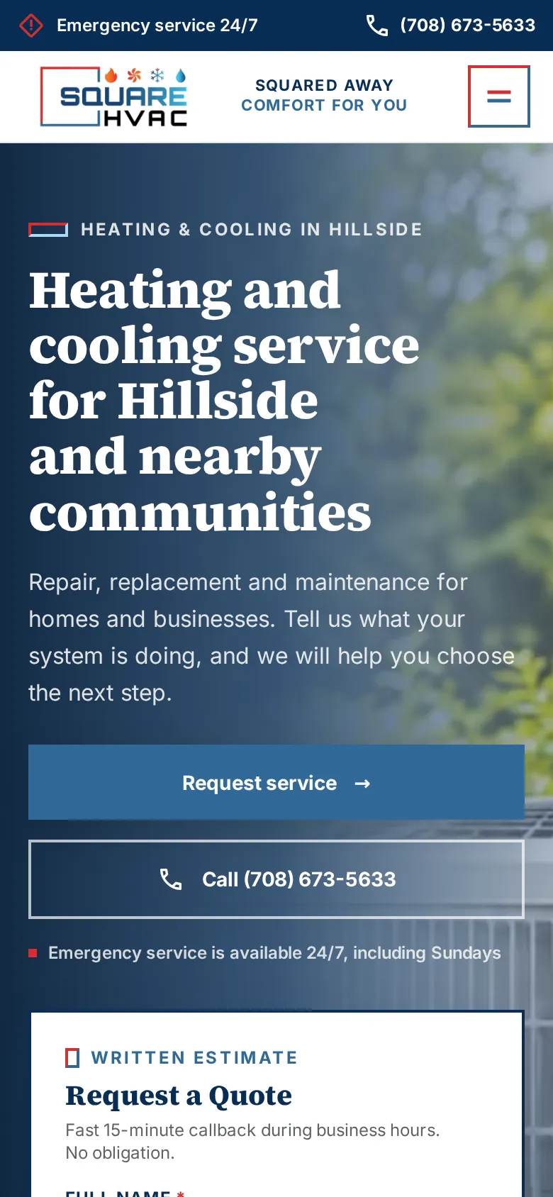 Screenshot of the new site on its preview link, taken October 18, 2026, mobile phone view: SquareHVAC