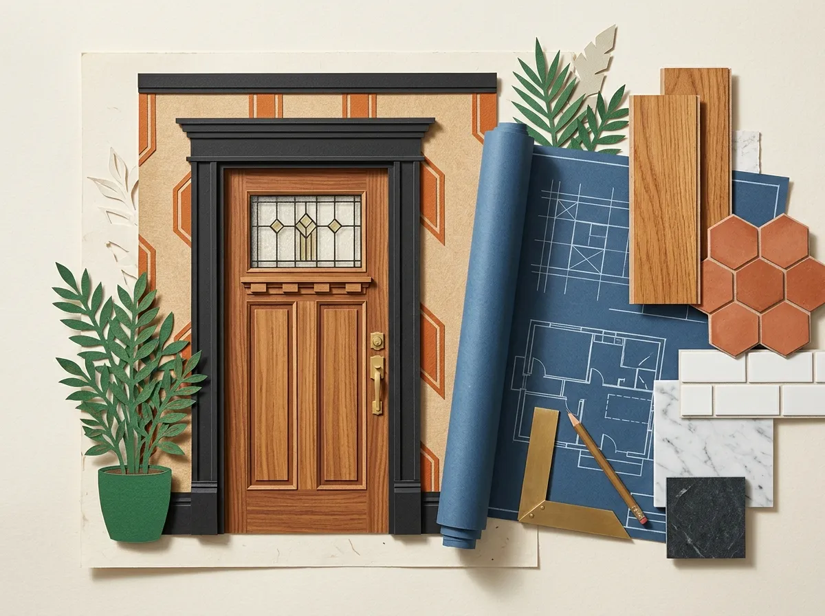 Tactile cut-paper illustration of an architectural blueprint roll, timber planks, and finished craftsman doorway