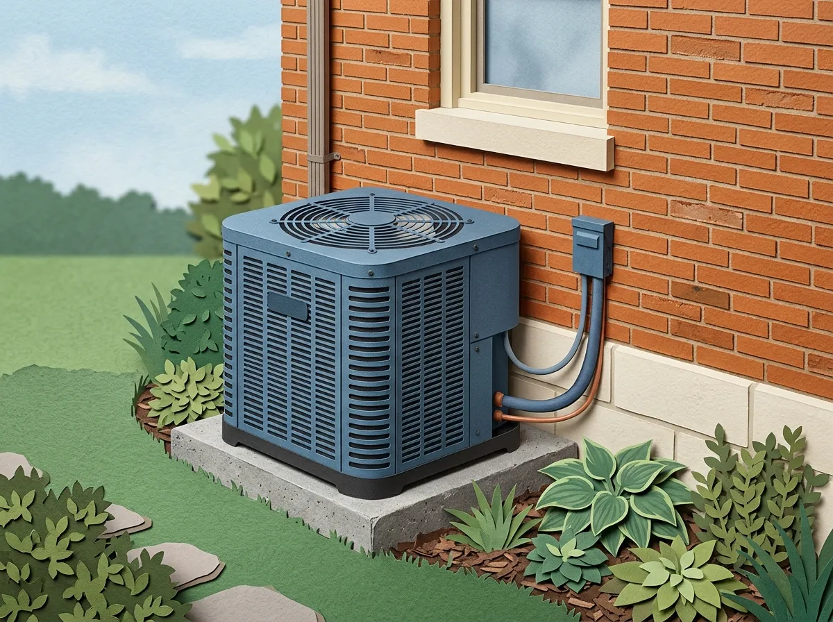 Tactile cut-paper illustration of an outdoor AC condenser unit beside a Chicago brick bungalow