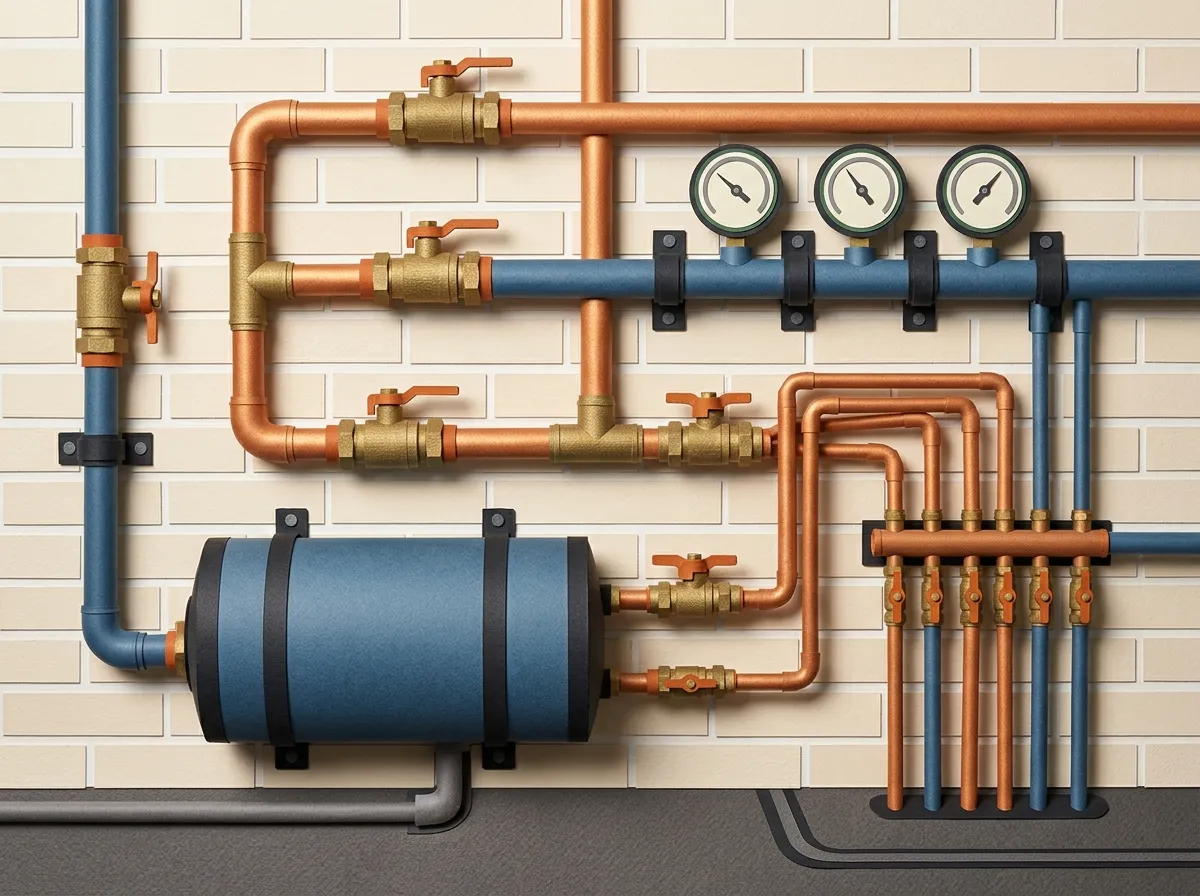 Tactile cut-paper illustration of clean domestic utility pipes, valves, and gauges in a warm basement