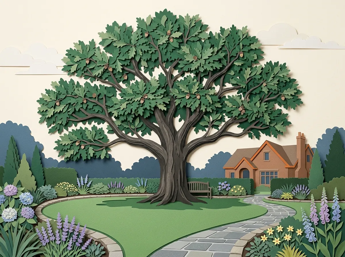 Tactile cut-paper illustration of a sculpted mature oak canopy and manicured residential lawn