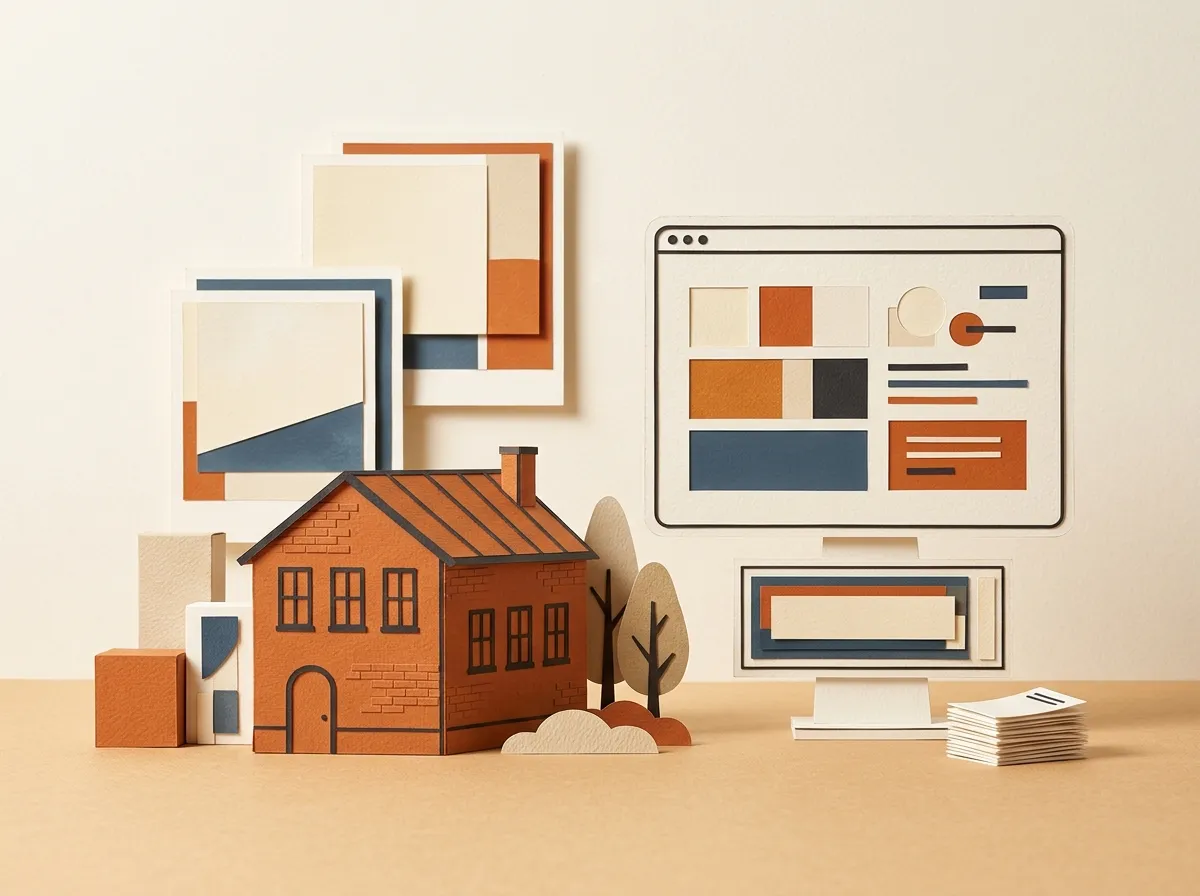 Tactile cut-paper illustration of a service-business workshop with clean project frames and browser layout